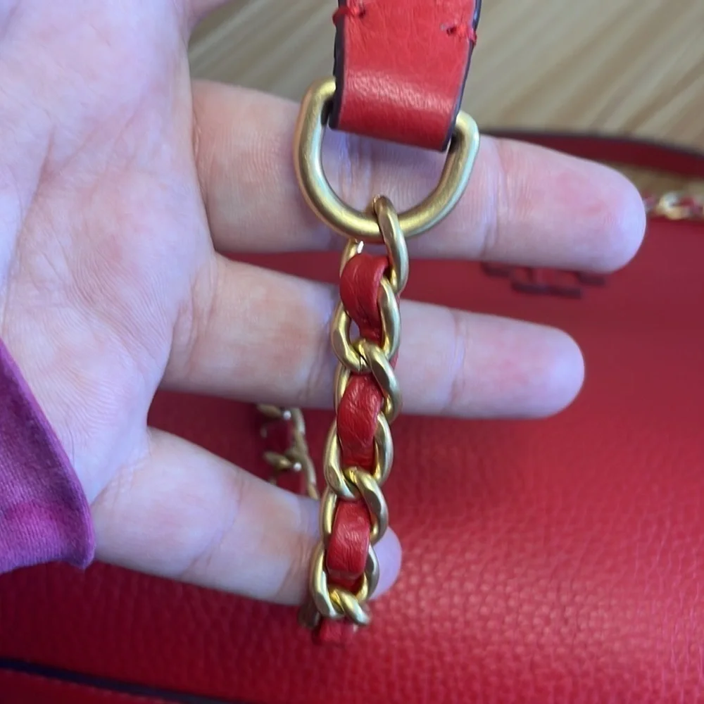 Tory Burch Red Leather Tote Gold Chain Strap Shoulder Bag Large Logo